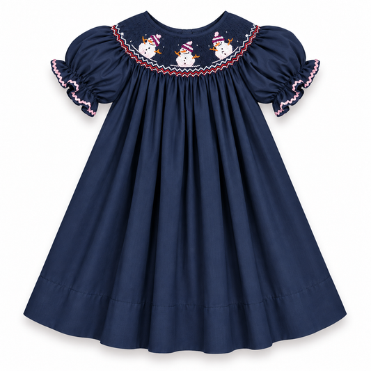 Snowman Trio Navy Blue Smocked Bishop w/RicRac