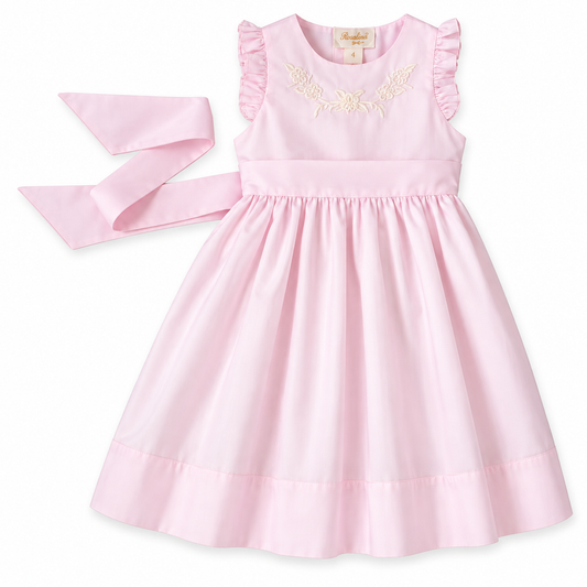 Embroidered Light Pink Sundress w/Sash & Flutter Sleeves