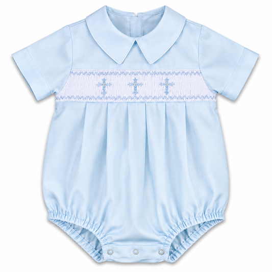 Three Crosses Light Blue Smocked Boy Bubble