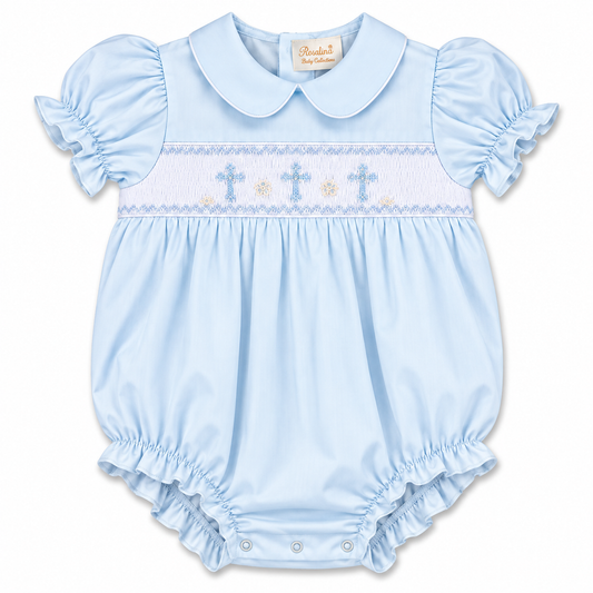 Three Crosses Light Blue Smocked Girl Bubble