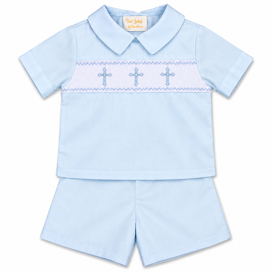 Three Crosses Light Blue Smocked Short Set