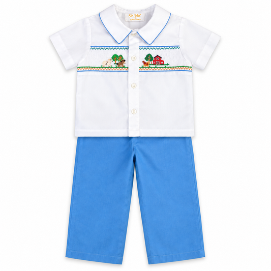 Happy Farm Med. Blue /White Smocked Pants Set