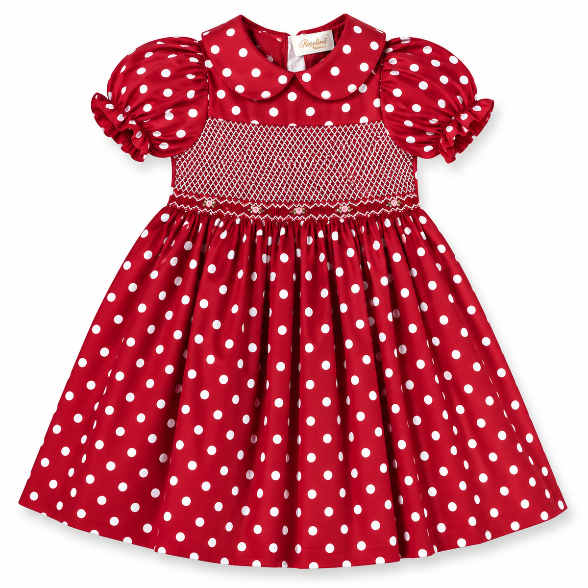 Maroon and White Polka Dot English Smocked Dress