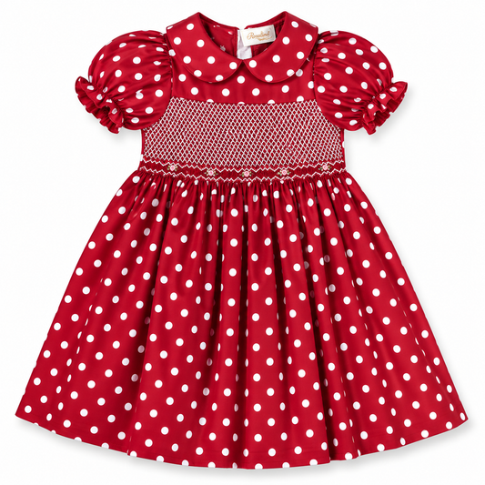 Maroon and White Polka Dot English Smocked Dress