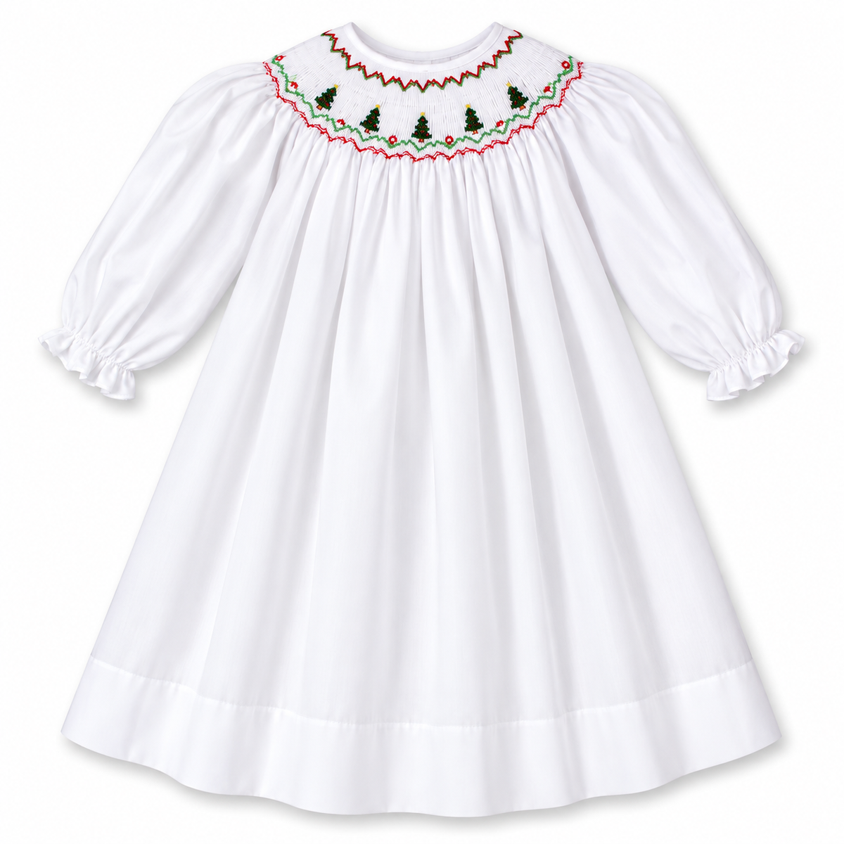 Christmas Trees White Long Sleeve Smocked Bishop