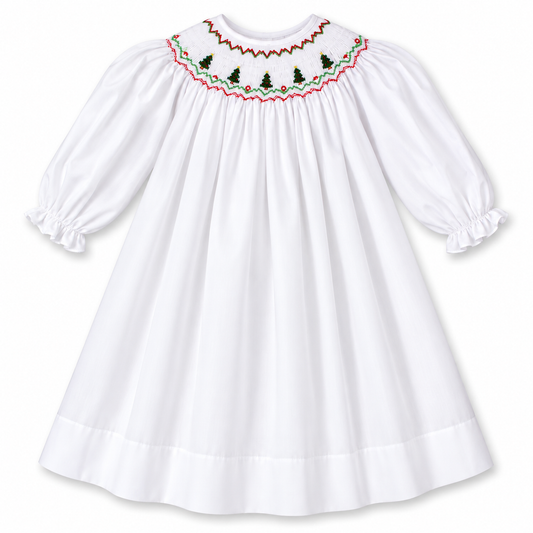 Christmas Trees White Long Sleeve Smocked Bishop