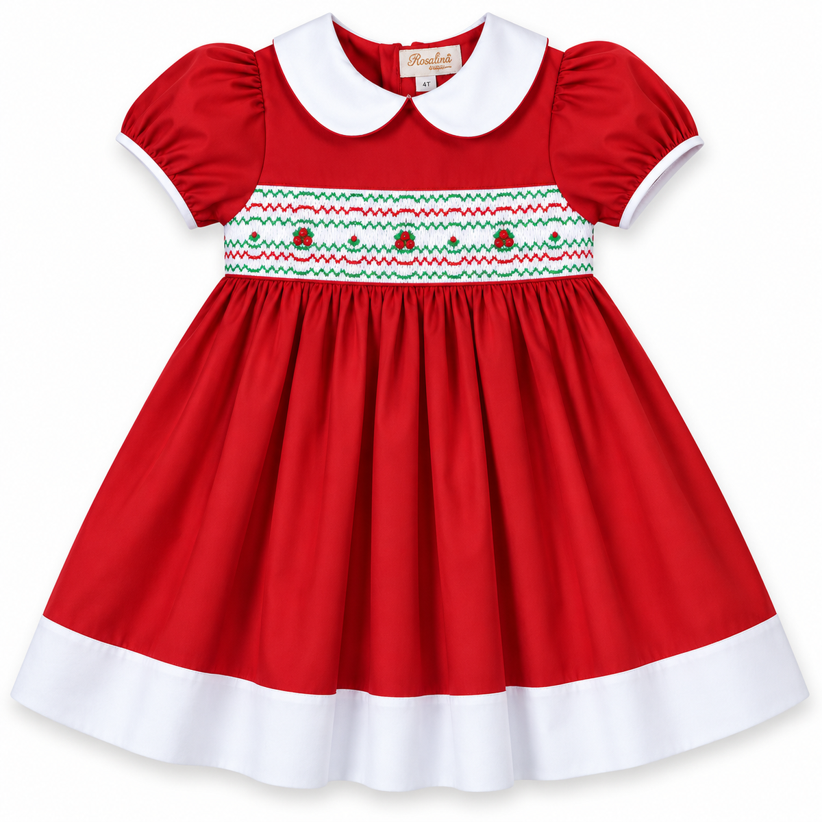 Victoria Holiday Red/White English Smocked Baby Dress w/Cap Sleeves