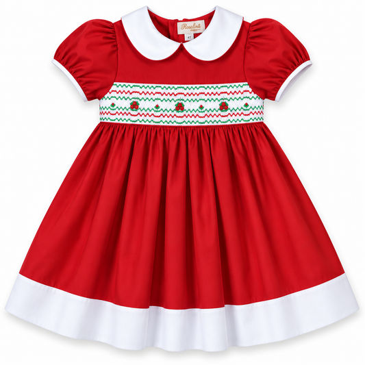 Victoria Holiday Red/White English Smocked Baby Dress w/Cap Sleeves