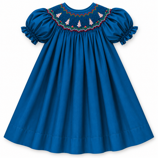 White Christmas Trees Royal Blue Smocked Bishop