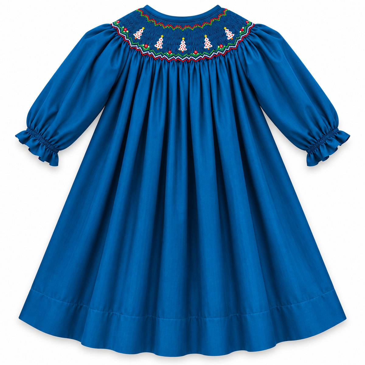 White Christmas Trees Royal Blue Smocked Long Sleeve Bishop