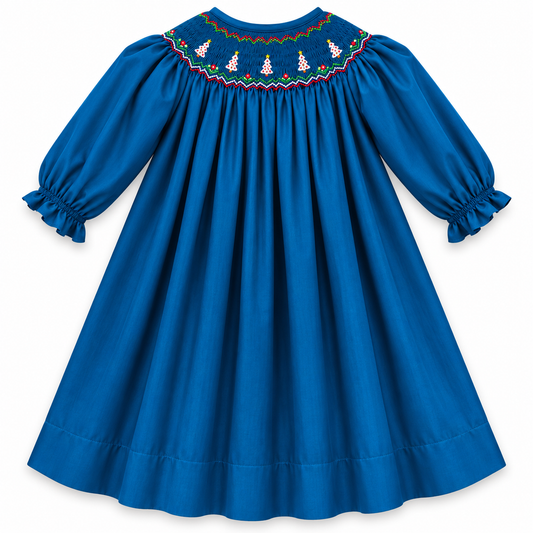 White Christmas Trees Royal Blue Smocked Long Sleeve Bishop