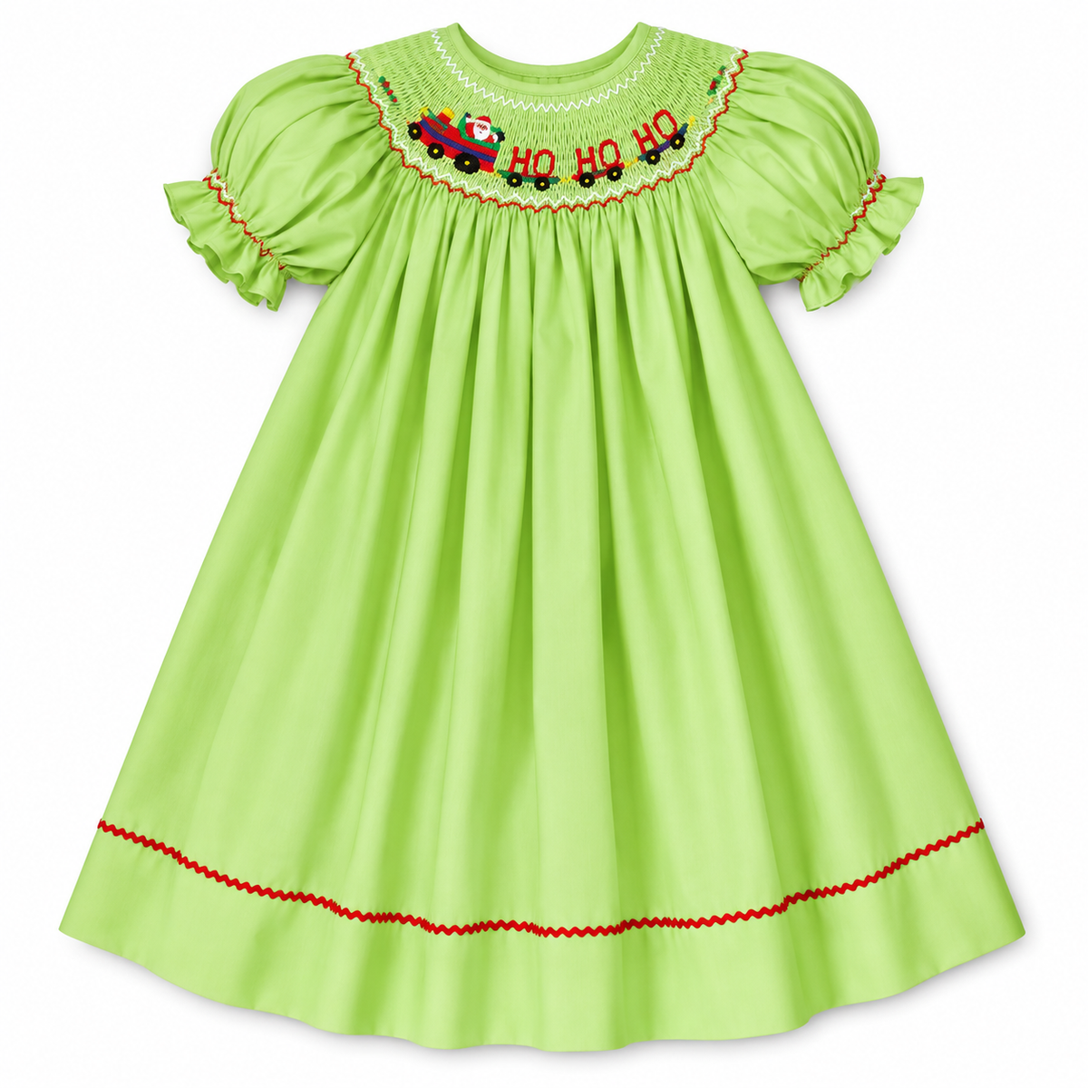 Ho! Ho! Ho! Santa Train Apple Green Smocked Bishop w/RicRac