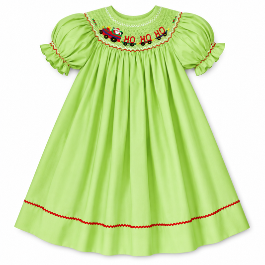 Ho! Ho! Ho! Santa Train Apple Green Smocked Bishop w/RicRac