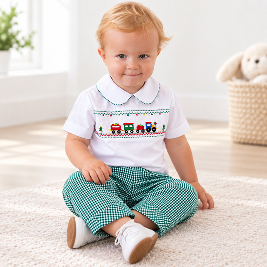 Christmas Train Smocked White Shirt & Green Gingham Pants