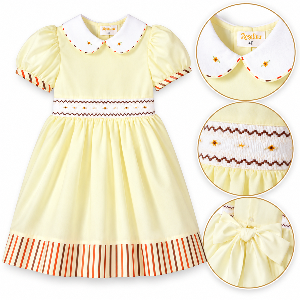 Sarah Lt. Yellow English Smocked Baby Dress with Striped Hem and Cap Sleeves