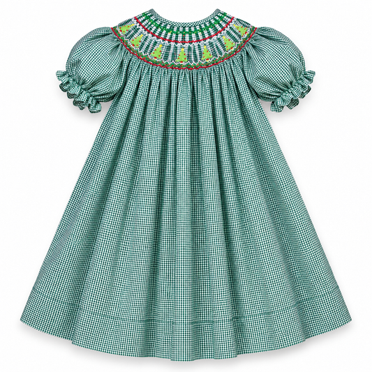 Christmas Trees Green Gingham Smocked Bishop