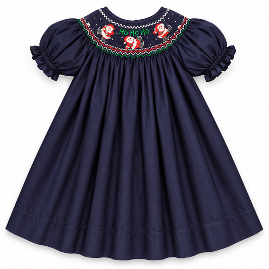HO HO HO Skating Santas Navy Blue Smocked Bishop