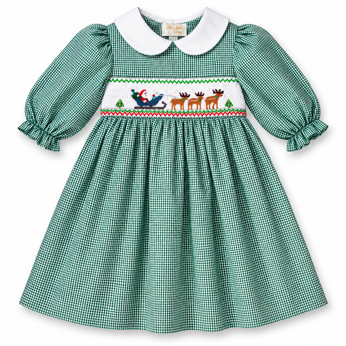 Santa's Trip Green Gingham 3/4 Sleeve Smocked Baby Dress