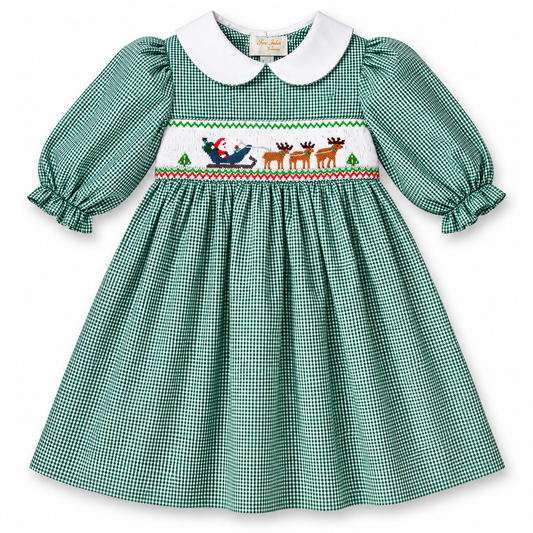 Santa's Trip Green Gingham 3/4 Sleeve Smocked Baby Dress
