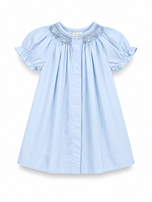 Baby Blue Floral Smocked Button-Front Bishop Dress 10116DGG