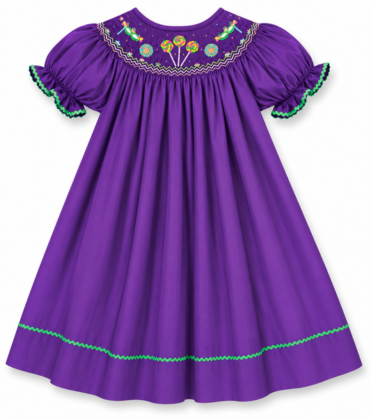 Mardi Gras Lollipops & Masks Dark Purple Smocked Bishop w/RicRac