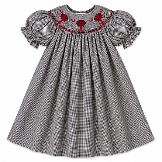 Maroon Palmetto Black Gingham Smocked Bishop