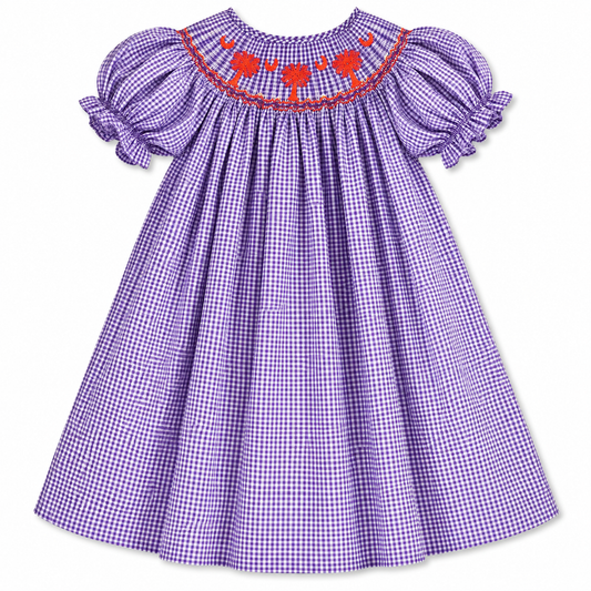 Orange Palmetto Purple Gingham Smocked Bishop