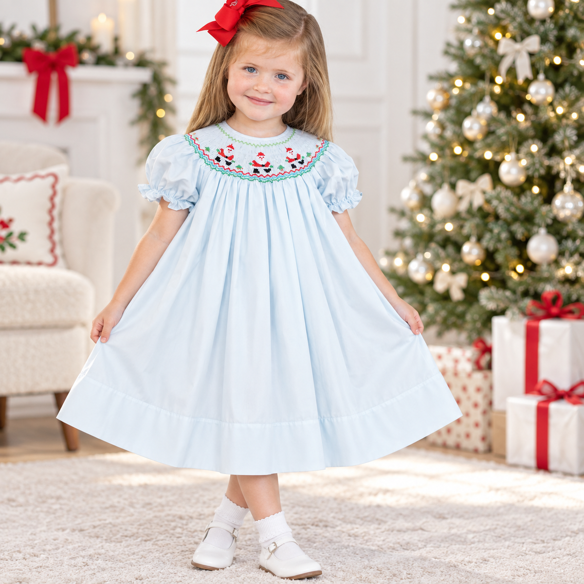 Santa Trio Light Blue Smocked Bishop