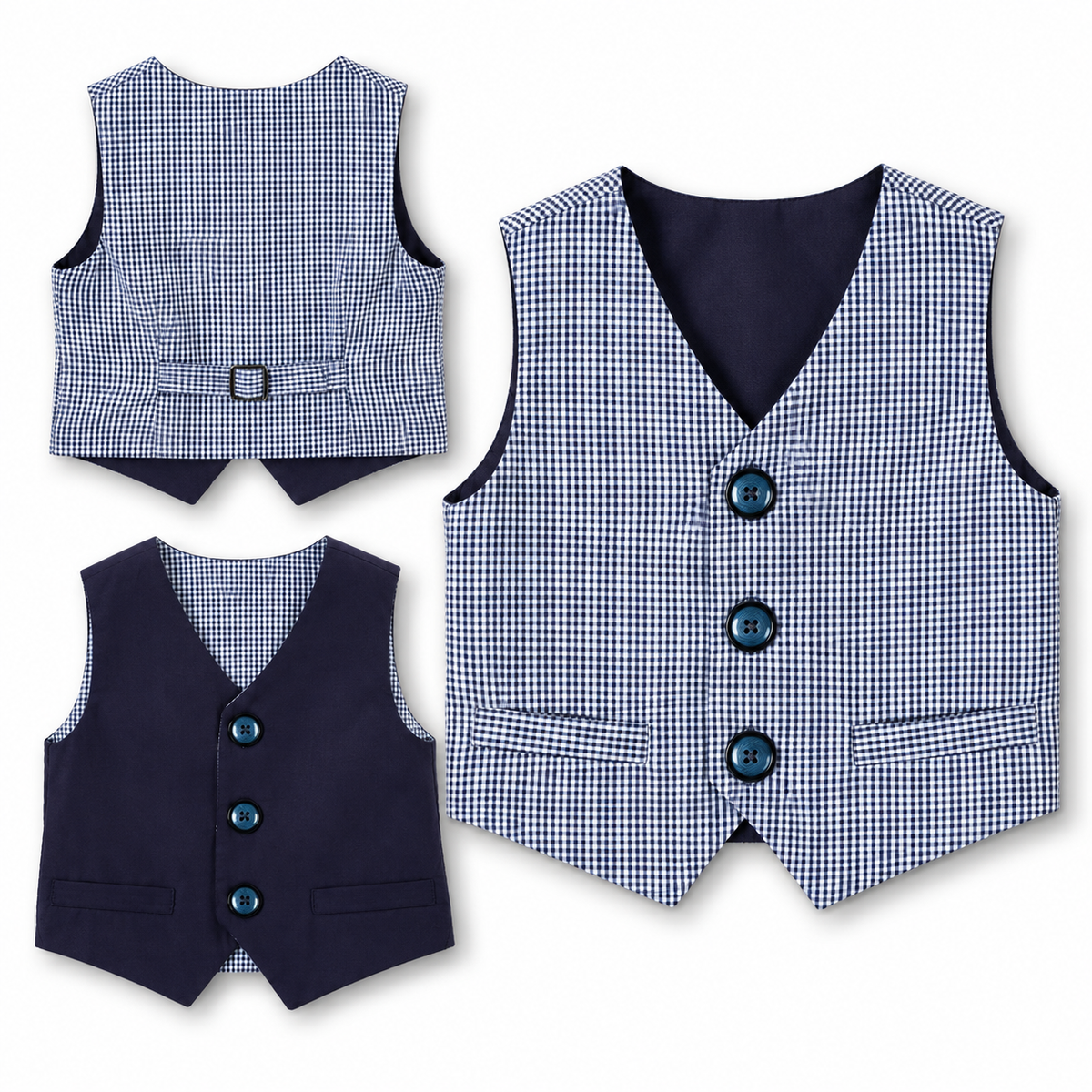 Navy Blue Gingham & Solid Reversible Vest