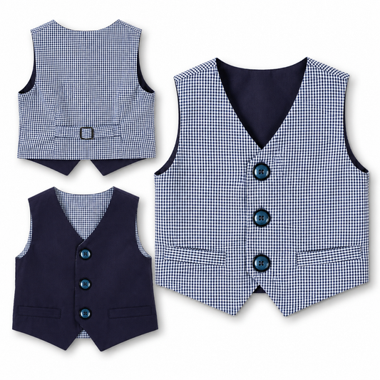 Navy Blue Gingham & Solid Reversible Vest