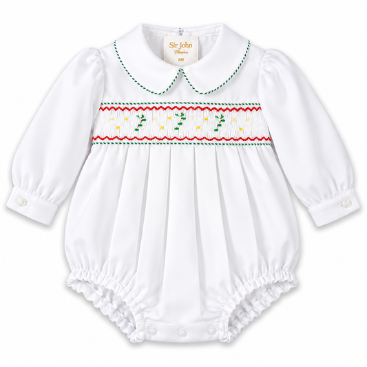 Green Striped Candy Cane Smocked White L.Sleeve Boy Bubble