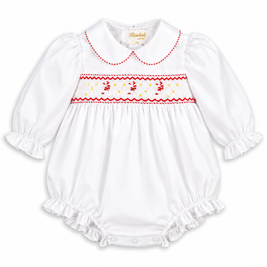 Red Striped Candy Cane Smocked White L.Sleeve Girl Bubble