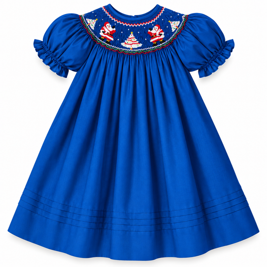 Waving Santas Royal Blue Smocked Bishop