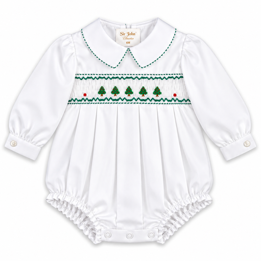 Christmas Trees Smocked L.Sleeve Boy White Bubble