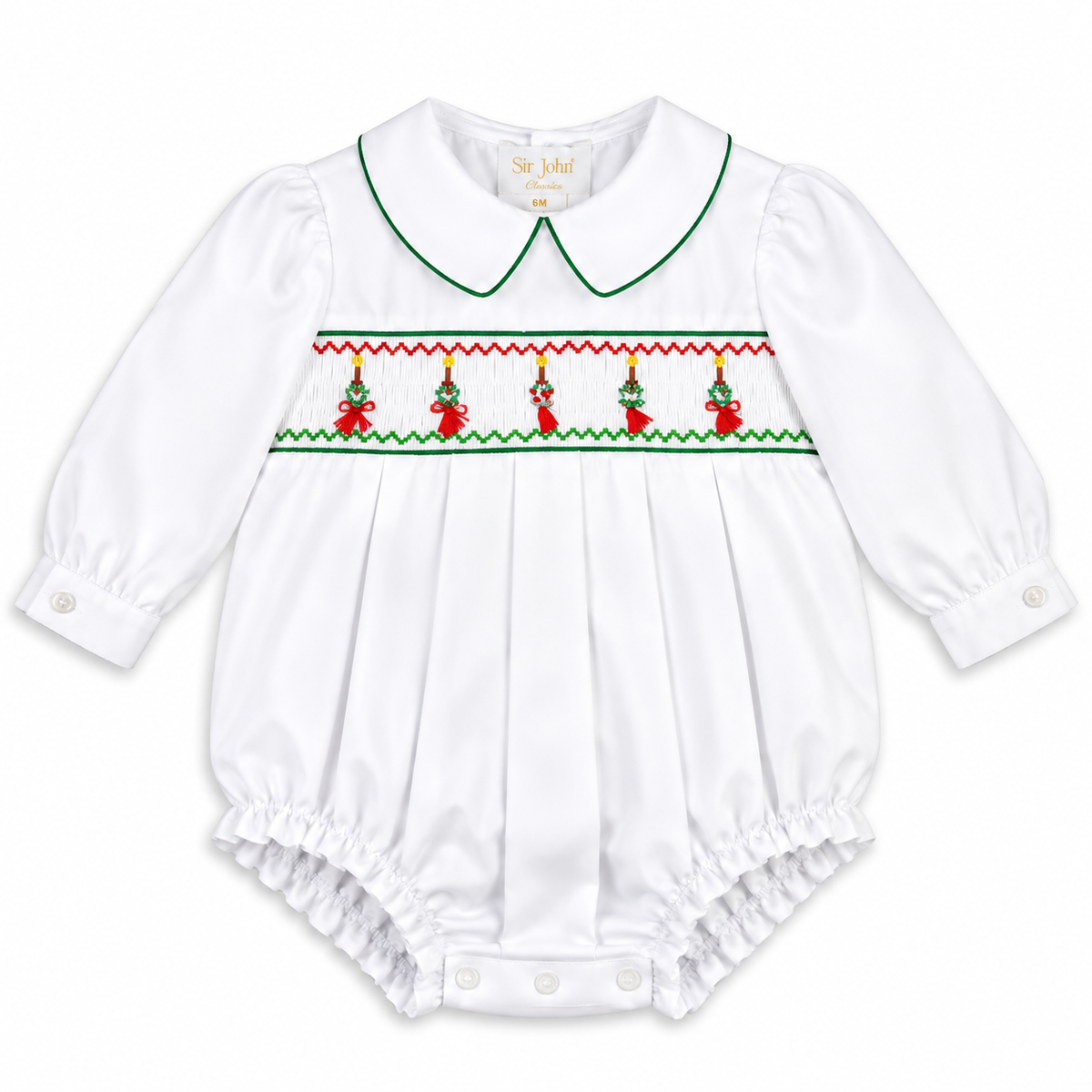 Tasseled Christmas Ornament Smocked L.Sleeve Boy Bubble with Green Trim