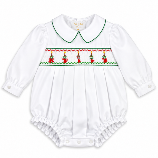 Tasseled Christmas Ornament Smocked L.Sleeve Boy Bubble with Green Trim
