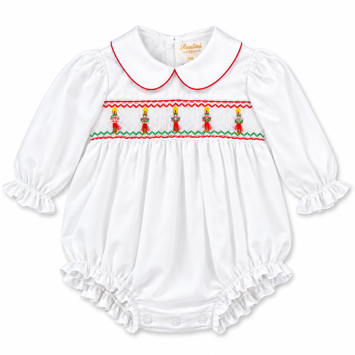 Tasseled Christmas Ornament Smocked L.Sleeve Girl Bubble with Red Trim