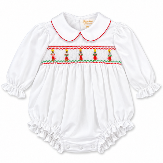 Tasseled Christmas Ornament Smocked L.Sleeve Girl Bubble with Red Trim