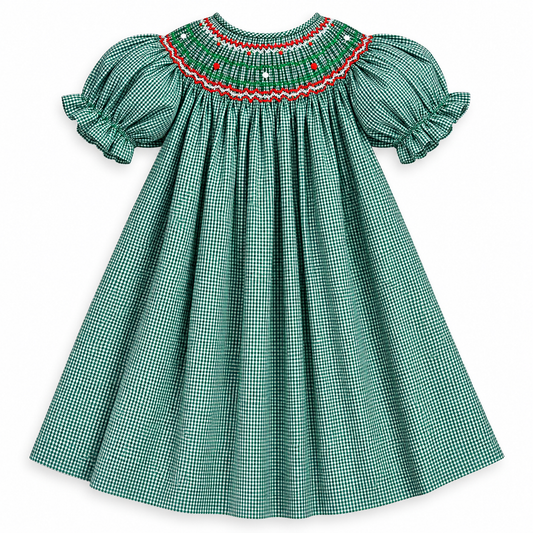 Everly Forest Green Gingham English Smocked Bishop