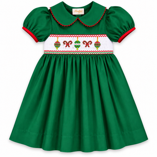 Christmas Ornaments & Candy Canes Smocked Forest Green Baby Dress w/Cap Sleeves