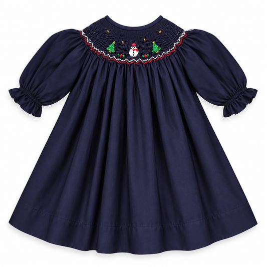 Snowman & Christmas Trees Navy Blue Smocked 3/4 Sleeve Bishop