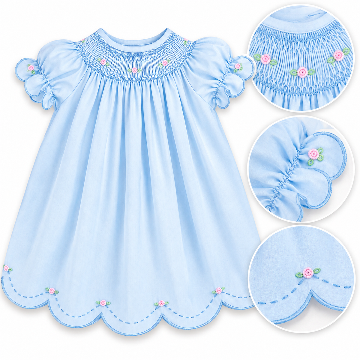 Blue Smocked Scallop Daygown