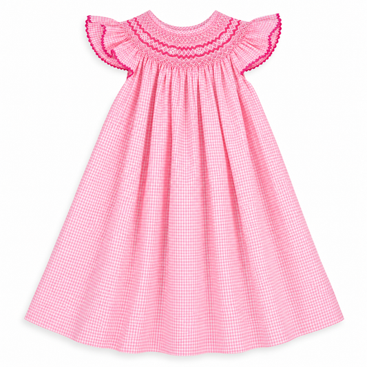 Pink Gingham English Smocked Bishop with Angel Sleeves