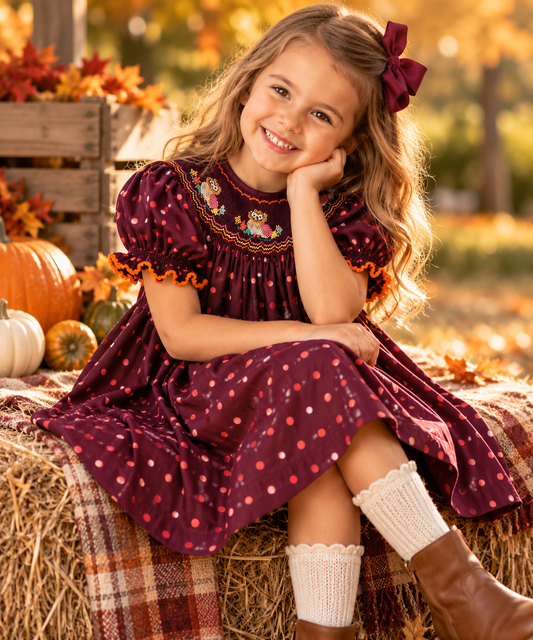 Nesting Owls Maroon Multi-Dot Smocked Bishop