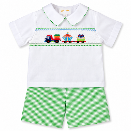 Birthday Haulin' Green Gingham Smocked Short Set