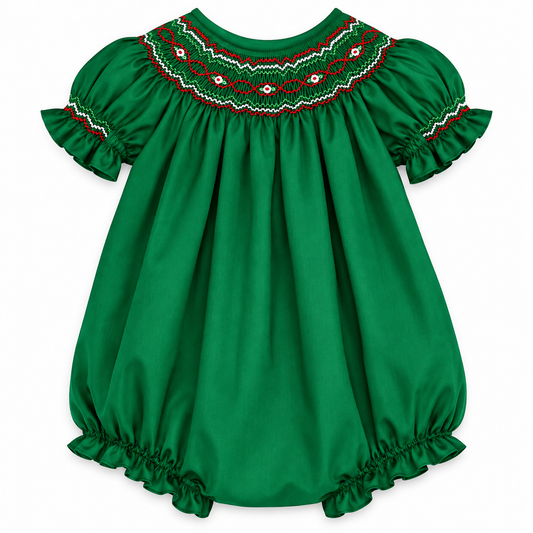 Holiday Forest Green Smocked Girl Bubble