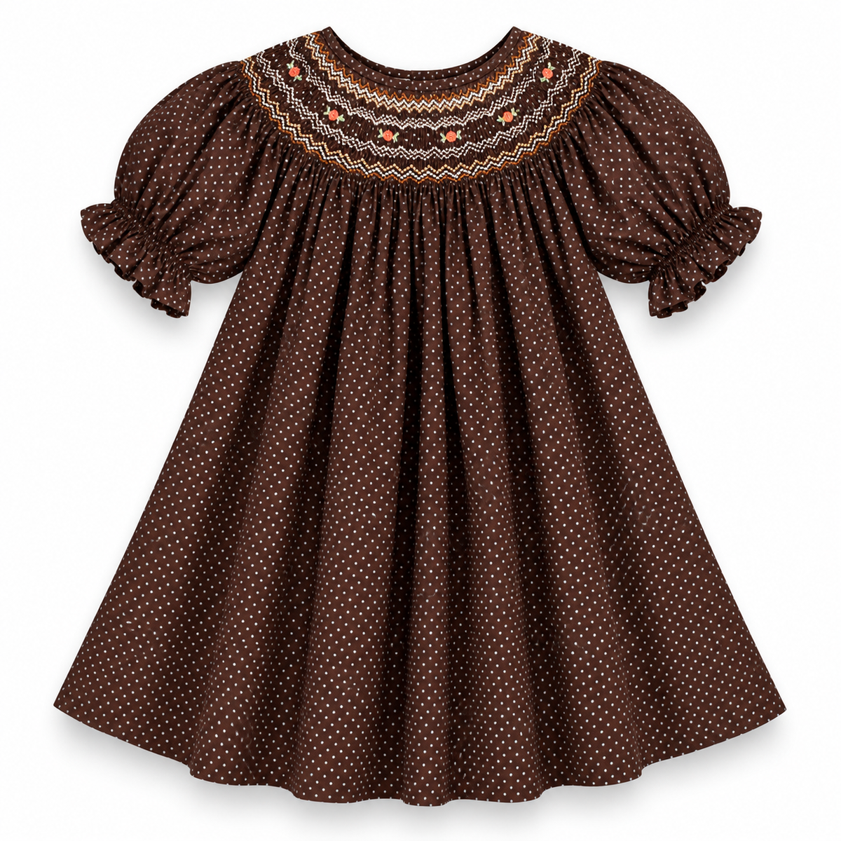 Dark Brown 3/4 Sleeve Dotted English Smocked Bishop