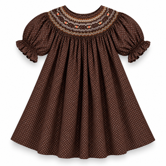 Dark Brown 3/4 Sleeve Dotted English Smocked Bishop