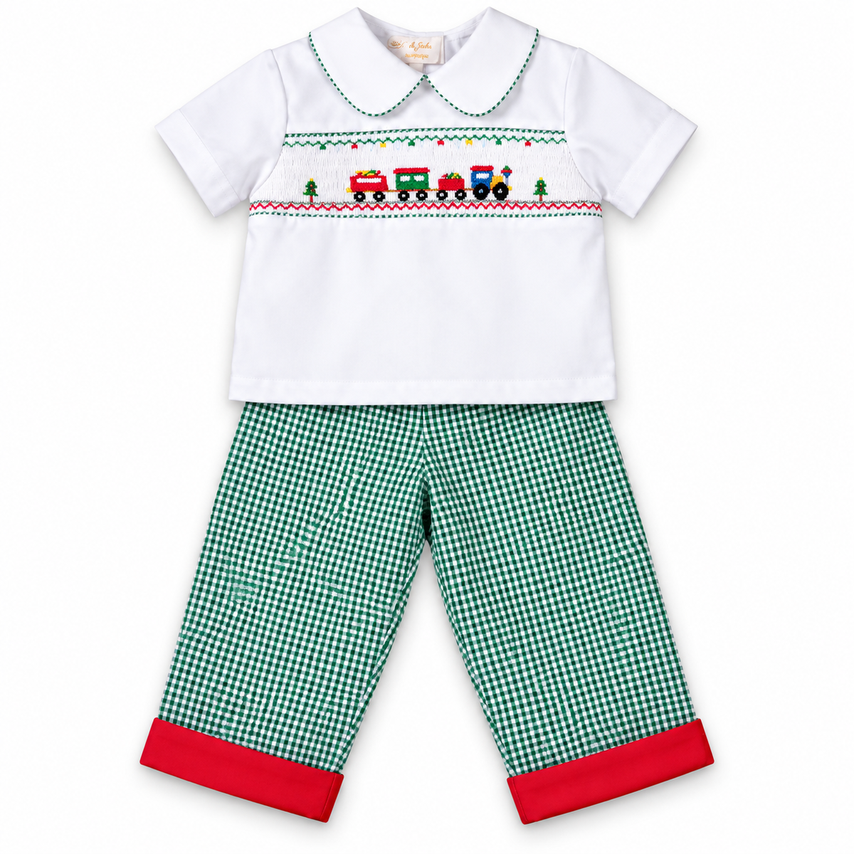 Christmas Train Smocked White Shirt & Green Gingham Pants