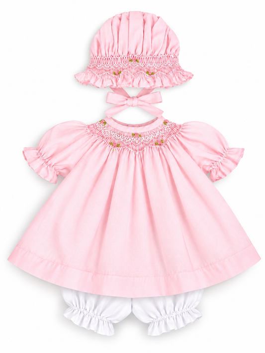 Pink Roselle Smocked Doll Dress w/opt Bonnet
